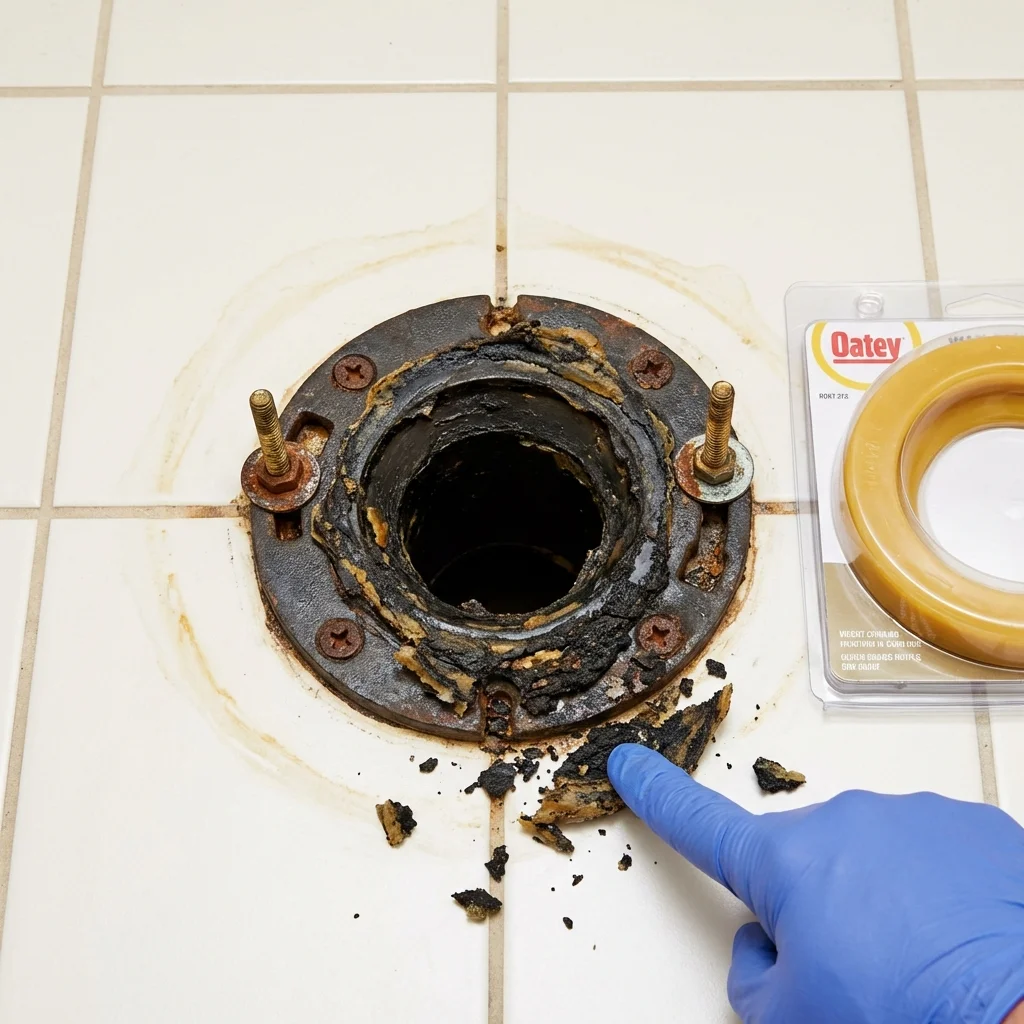 Failed wax ring showing water seepage at the base of a toilet in a Columbia, CA home