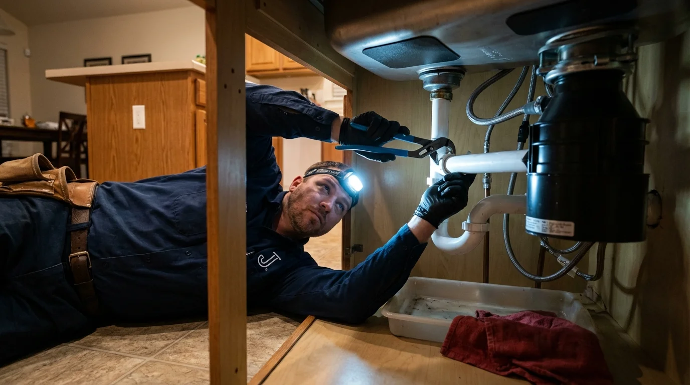 P-trap and supply line connections under a kitchen sink showing a common leak point in Columbia, CA